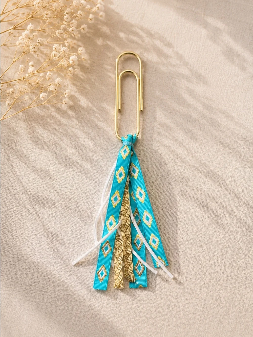 Turquoise, Gold, and White Ribbon Bookmark Tassel